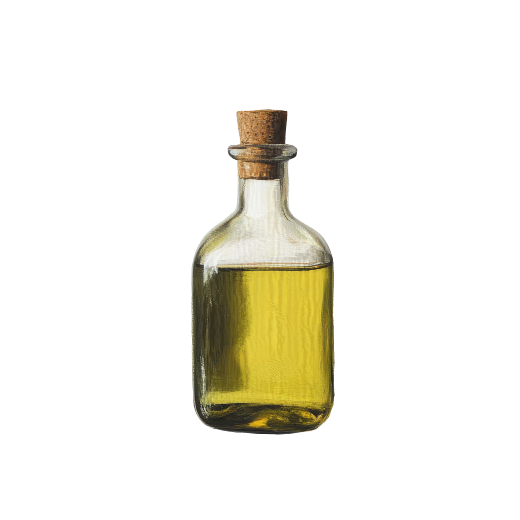 Glass bottle of olive oil, sealed with a cork.