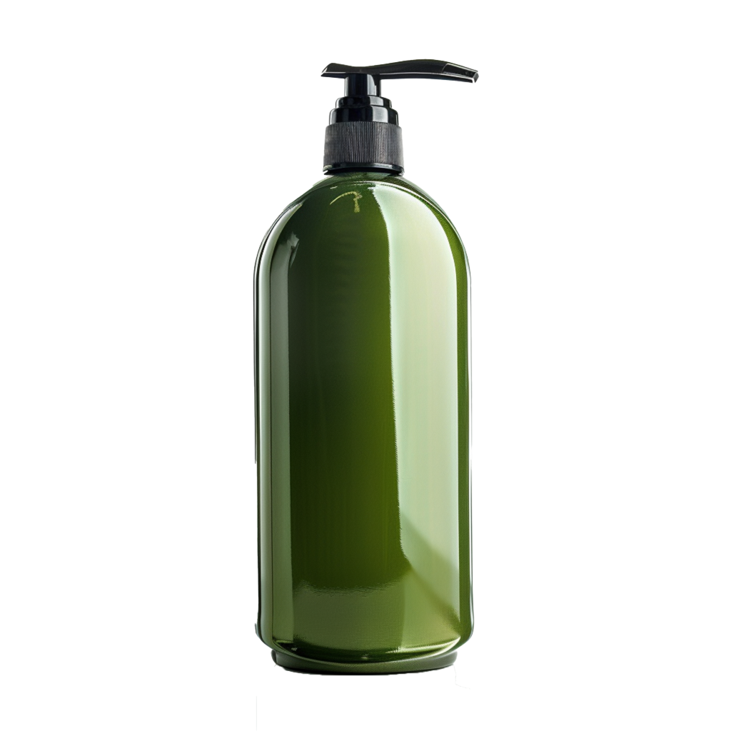 Green liquid soap dispenser with black pump.