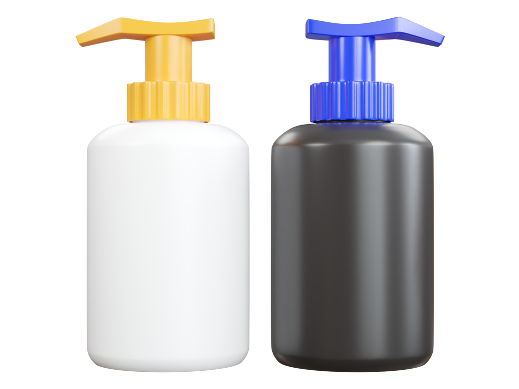 White and black pump bottles with yellow and blue dispensers.
