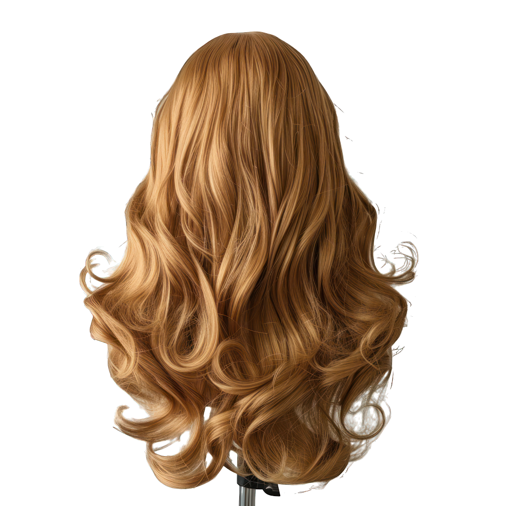 Golden wavy wig, back view, on a stand.