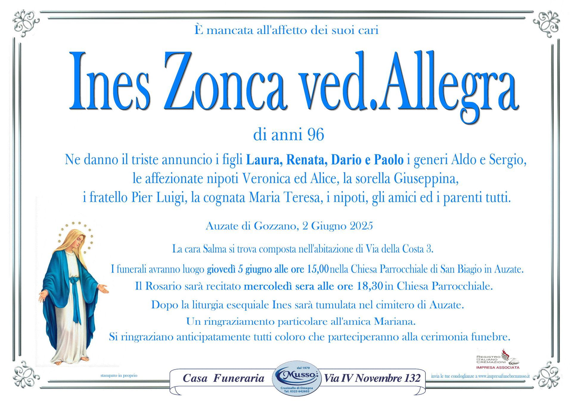necrologio Ines Zonca ved. Allegra