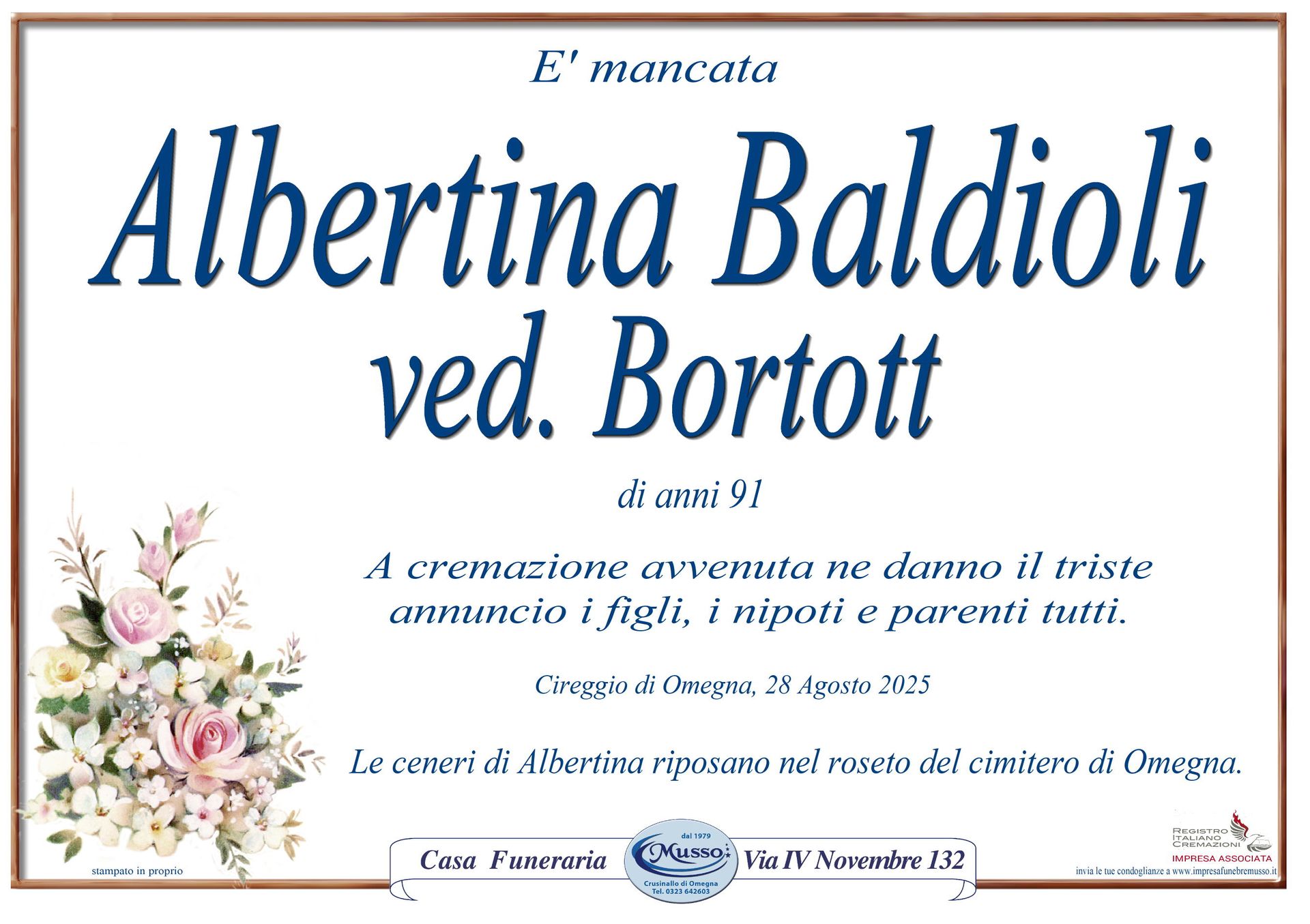 necrologio Albertina Baldioli ved. Bortott