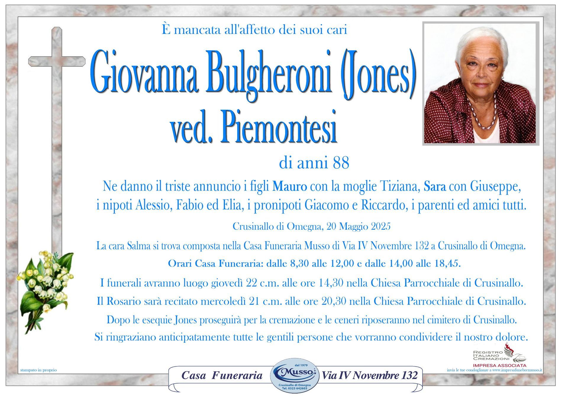 necrologio Giovanna Bulgheroni (Jones) ved. Piemontesi
