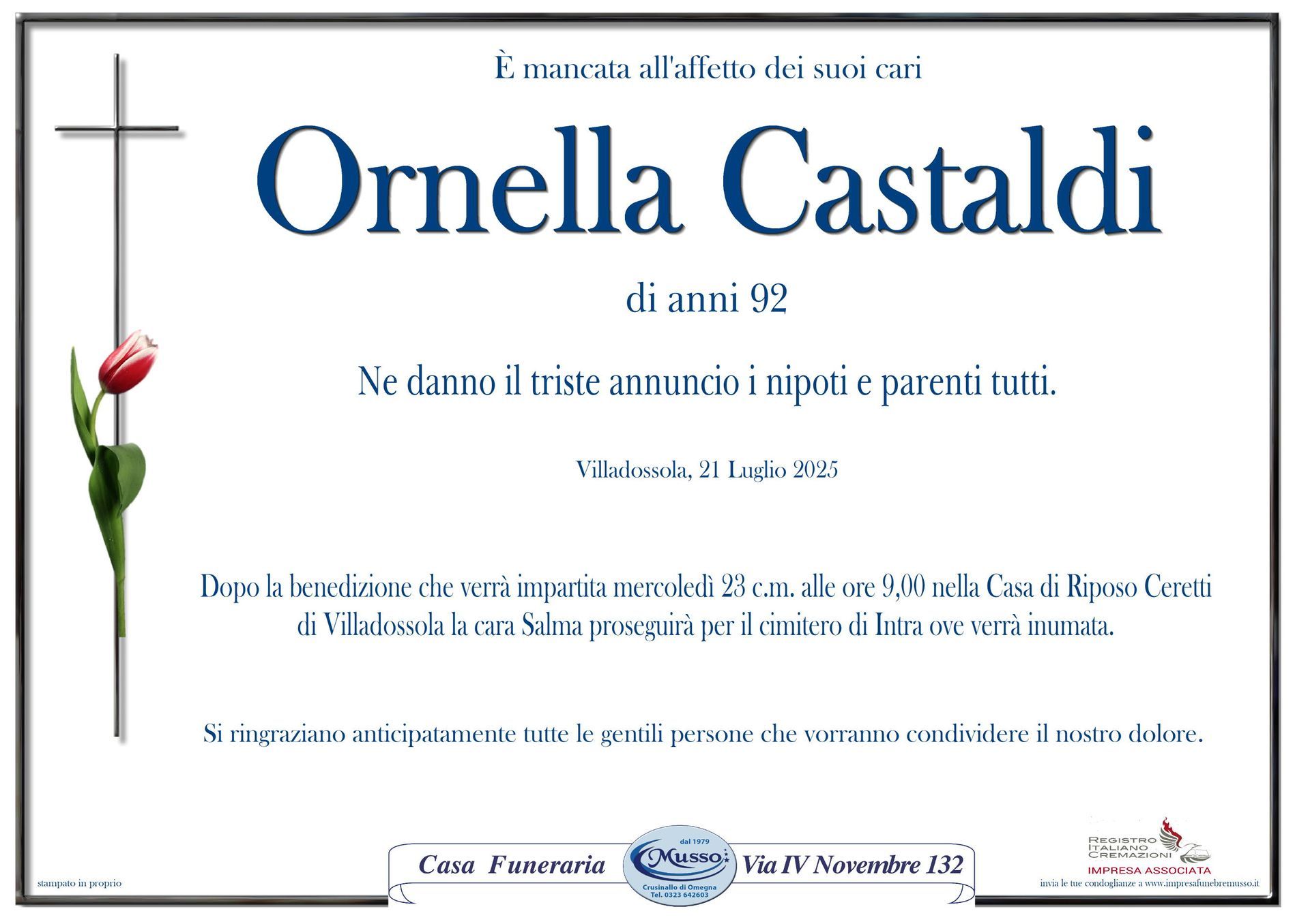 necrologio Ornella Castaldi