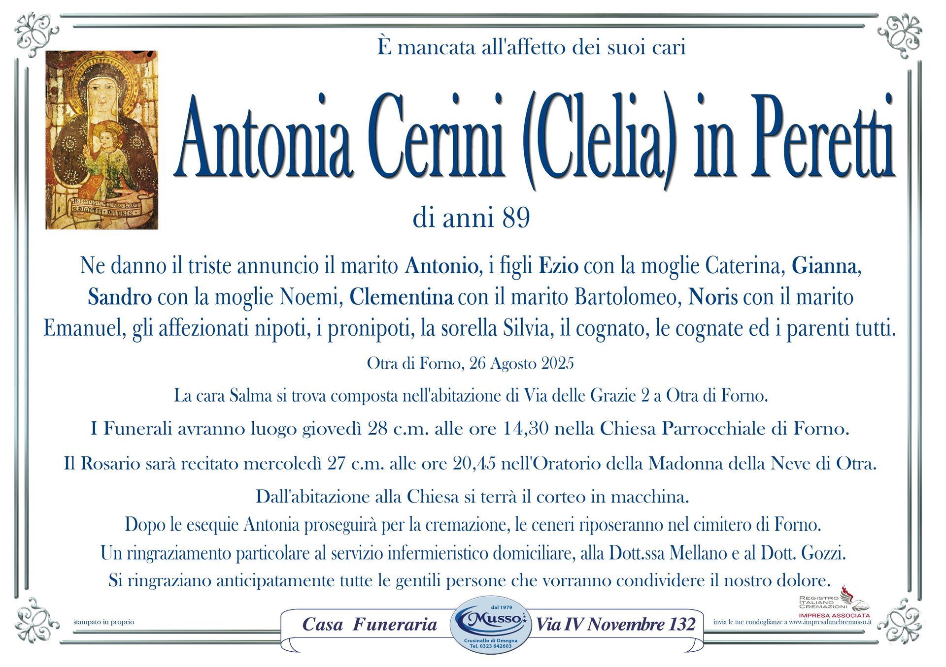 necrologio Antonia Cerini (Clelia) in Peretti