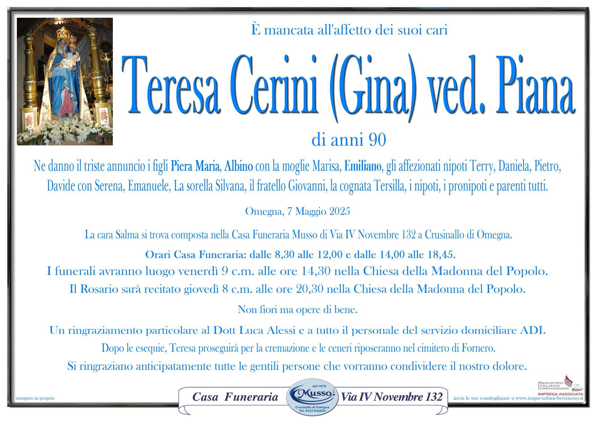 necrologio Teresa Cerini (Gina) ved. Piana