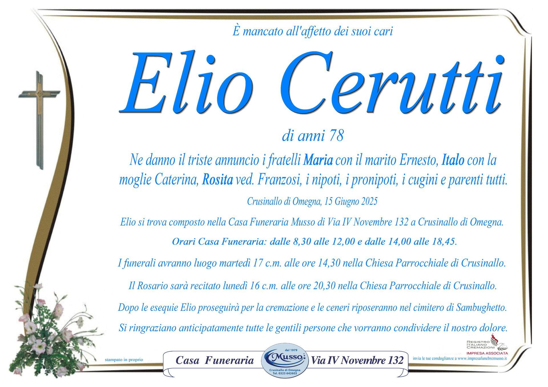 necrologio Elio Cerutti