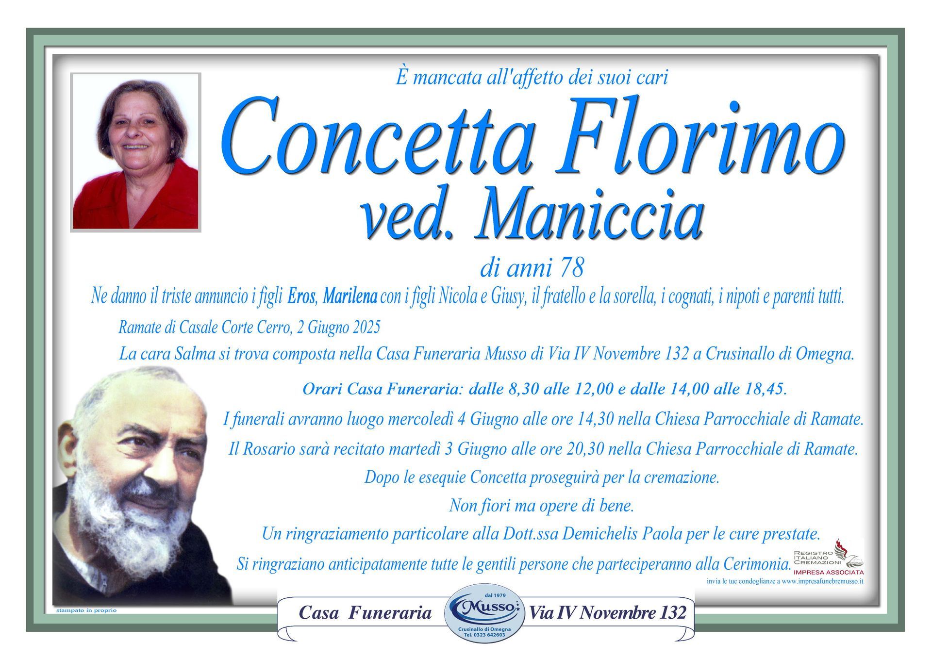necrologio Concetta Florimo ved. Maniccia