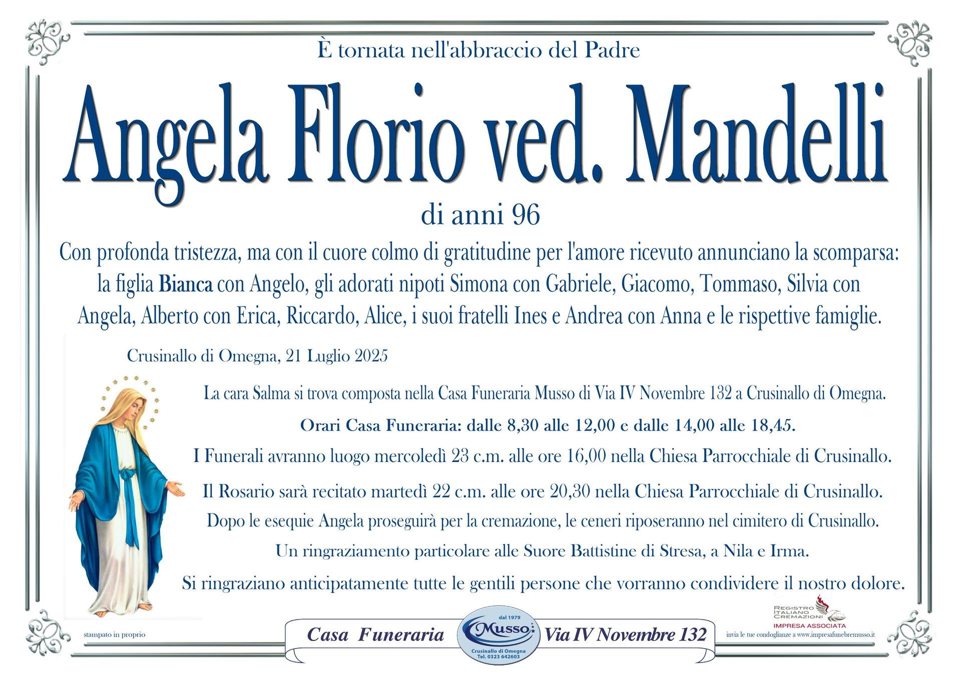 necrologio Angela florio ved. Mandelli
