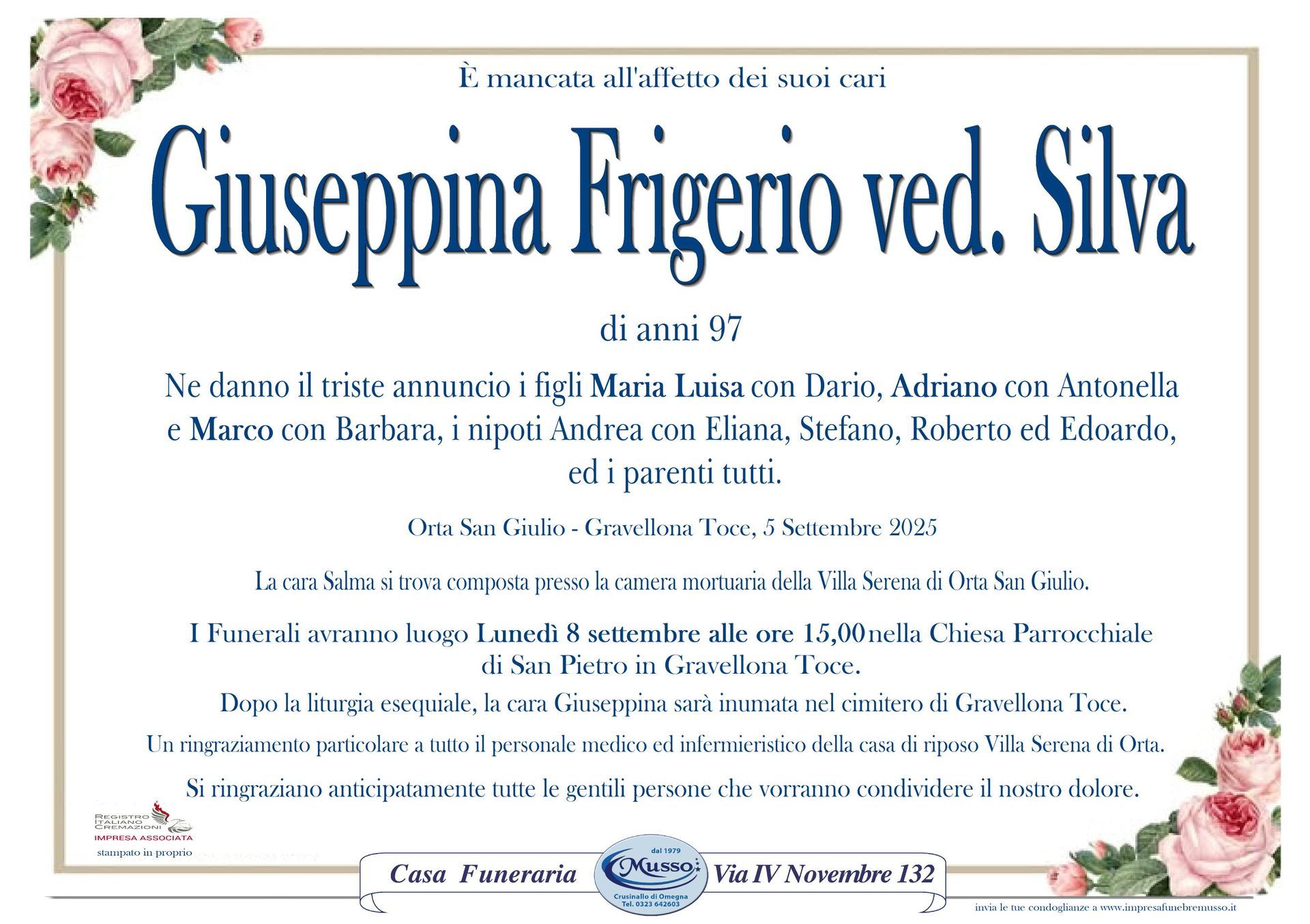 necrologio Frigerio Giuseppina ved. Silva