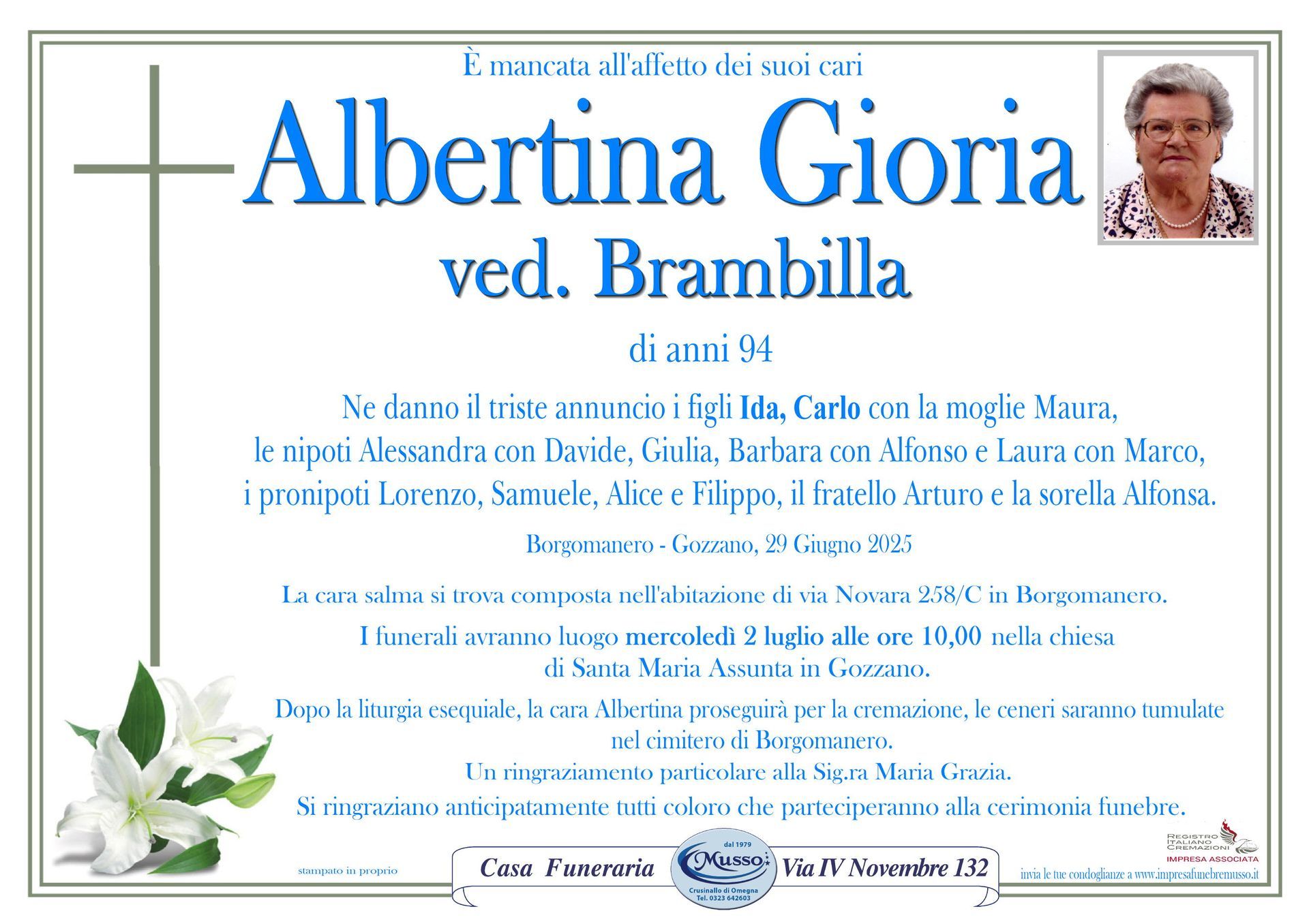 necrologio Gioria Albertina Ved. Brambilla
