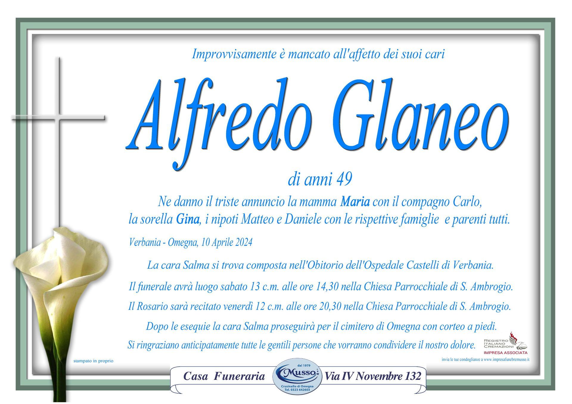 necrologio Alfredo Glaneo
