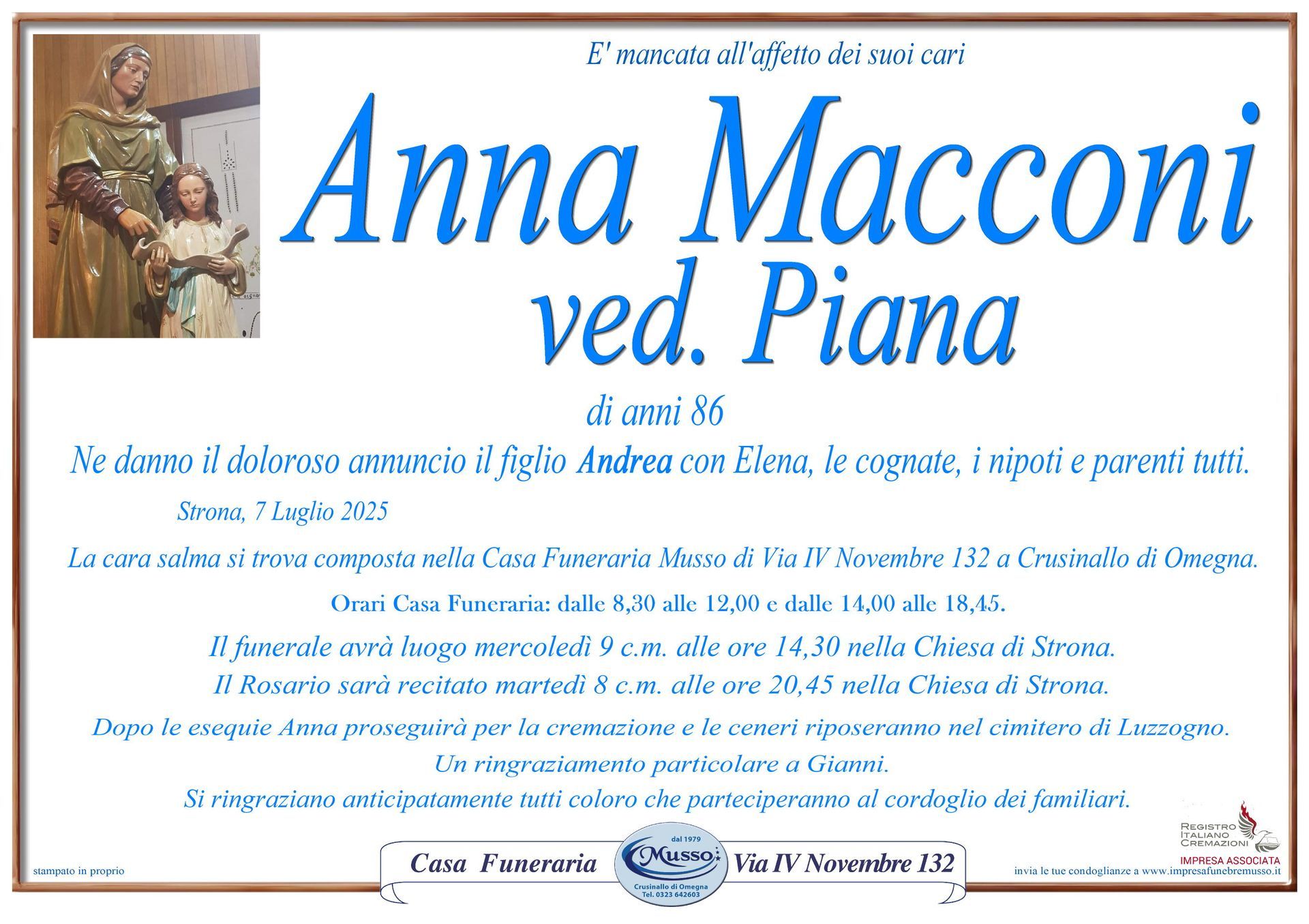 necrologio Anna Macconi ved. Piana