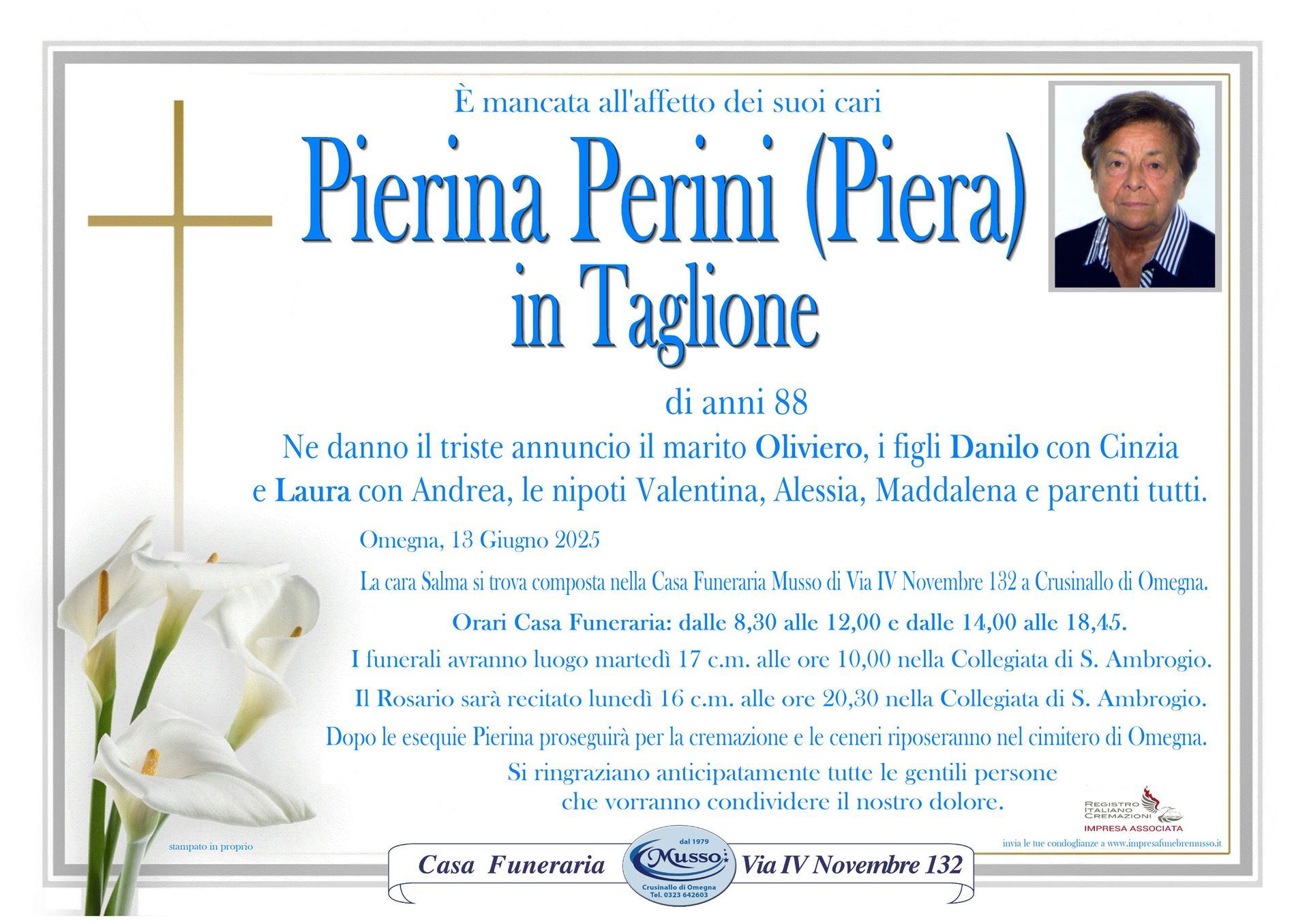 necrologio Pierina Perini (Piera) in Taglione