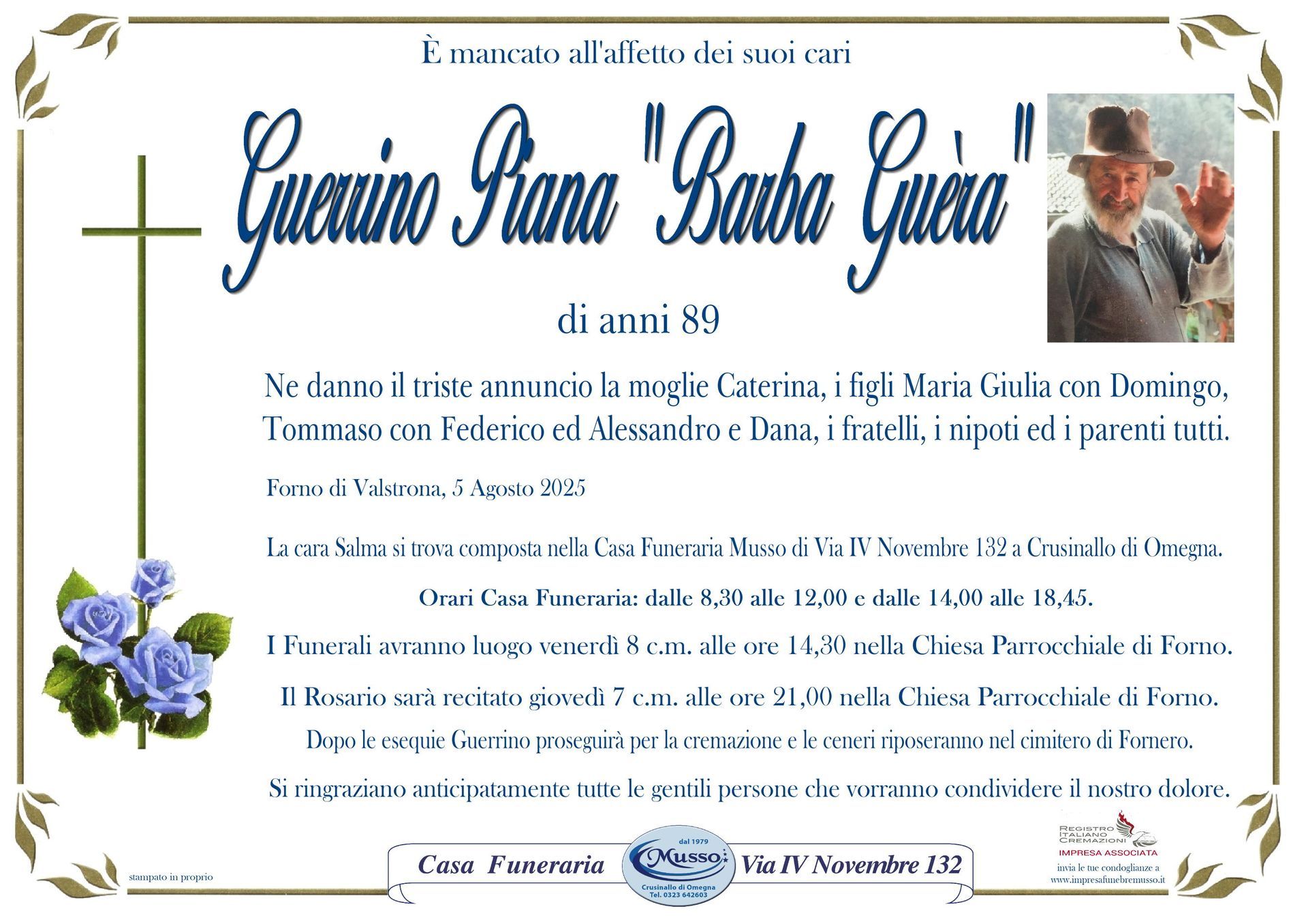 necrologio Guerrino Piana 