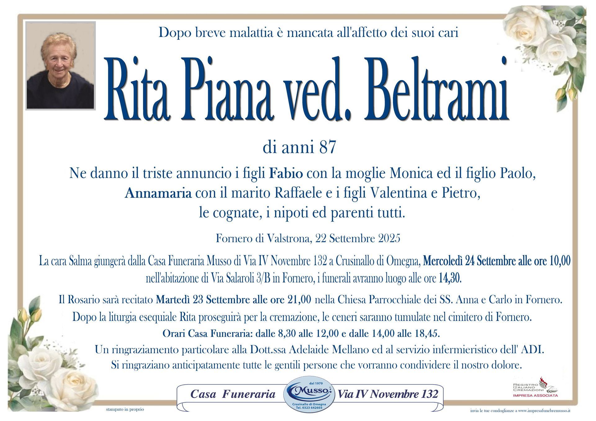 necrologio Piana Rita ved. Beltrami