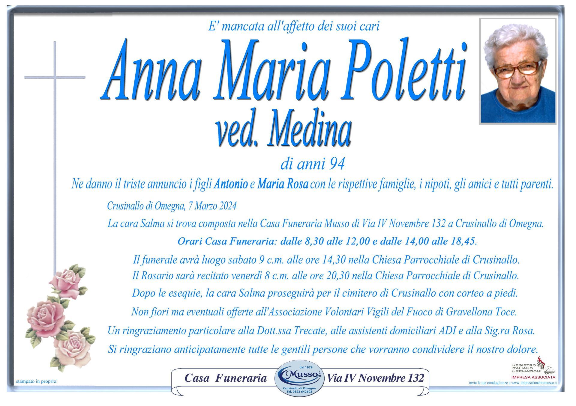 necrologio Anna Maria Poletti ved. Medina