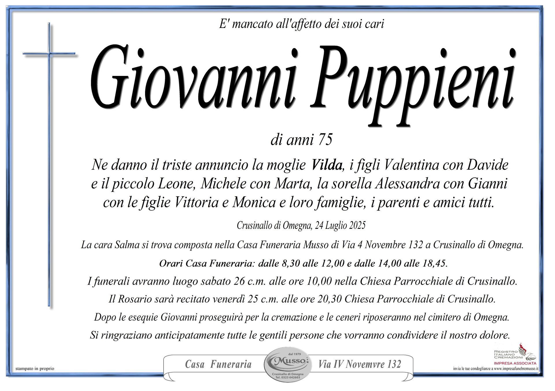 necrologio Giovanni Puppieni