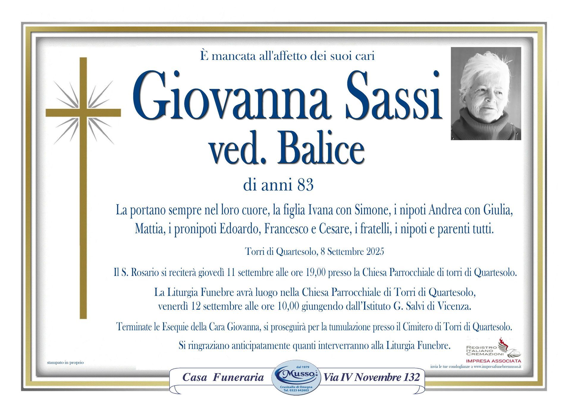 necrologio Giovanna Sassi ved. Balice