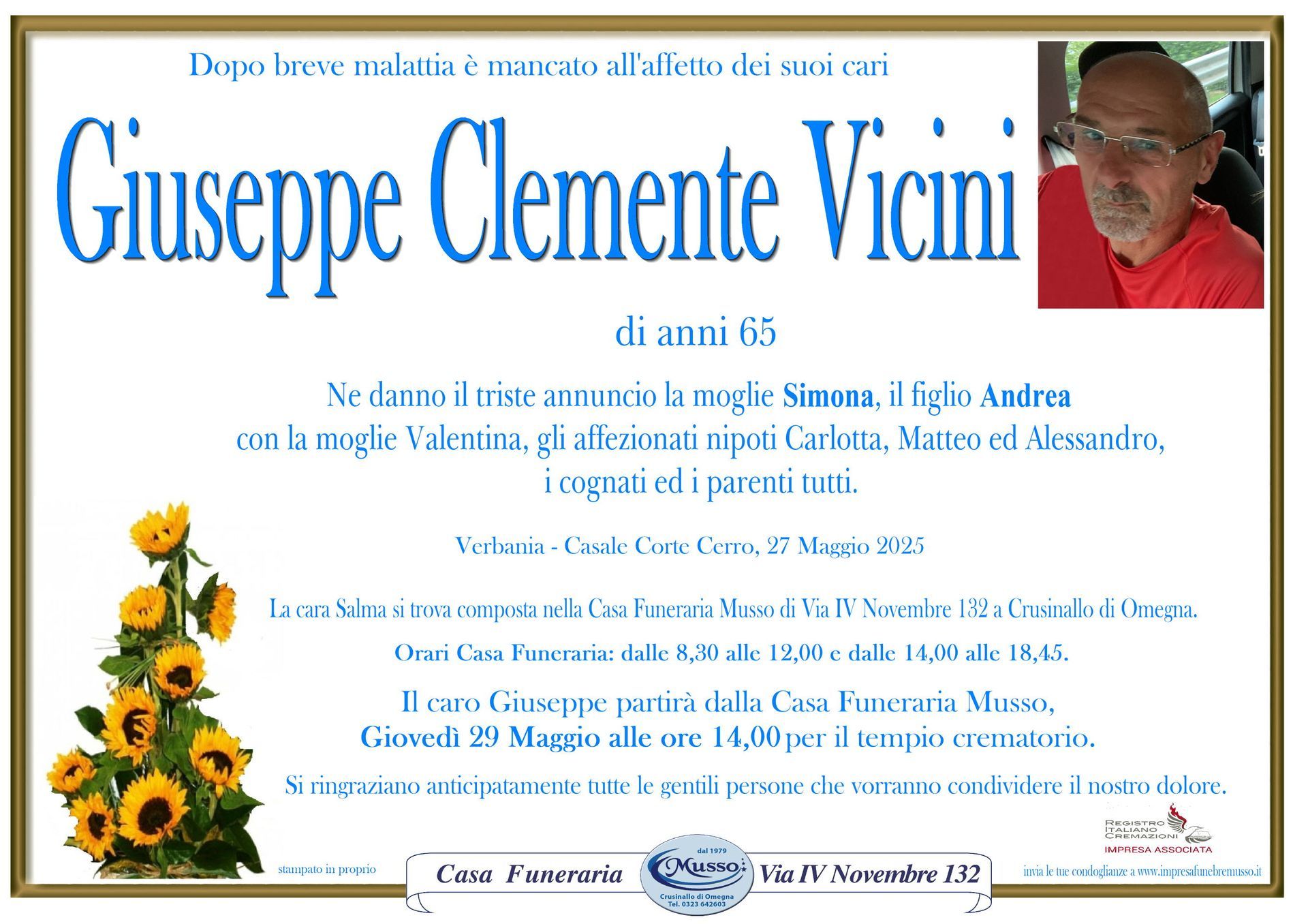 necrologio Giuseppe Clemente Vicini