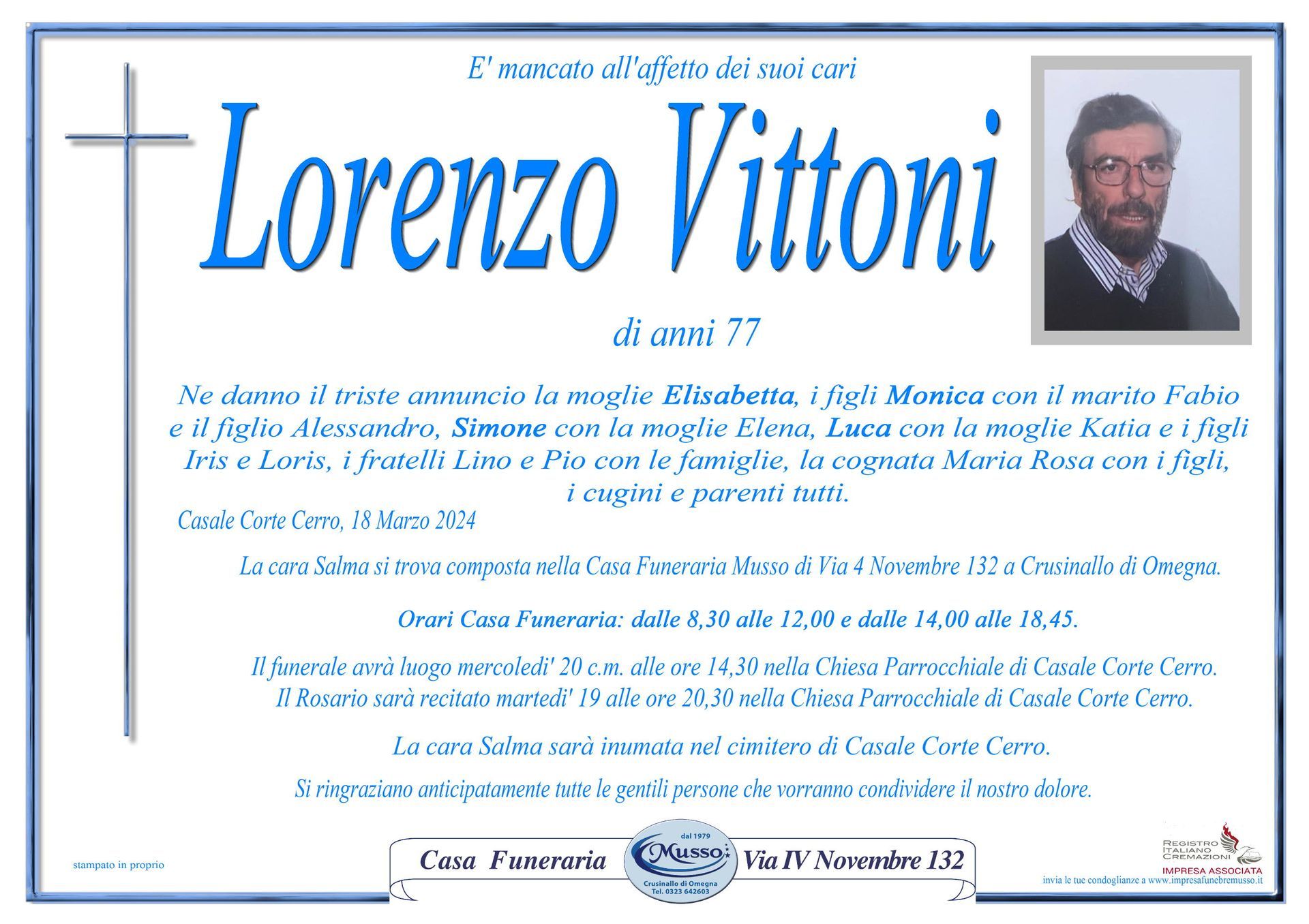 necrologio Lorenzo Vittoni