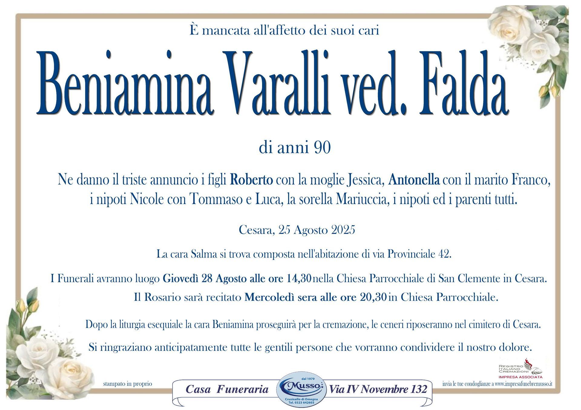 necrologio Varalli Beniamina
