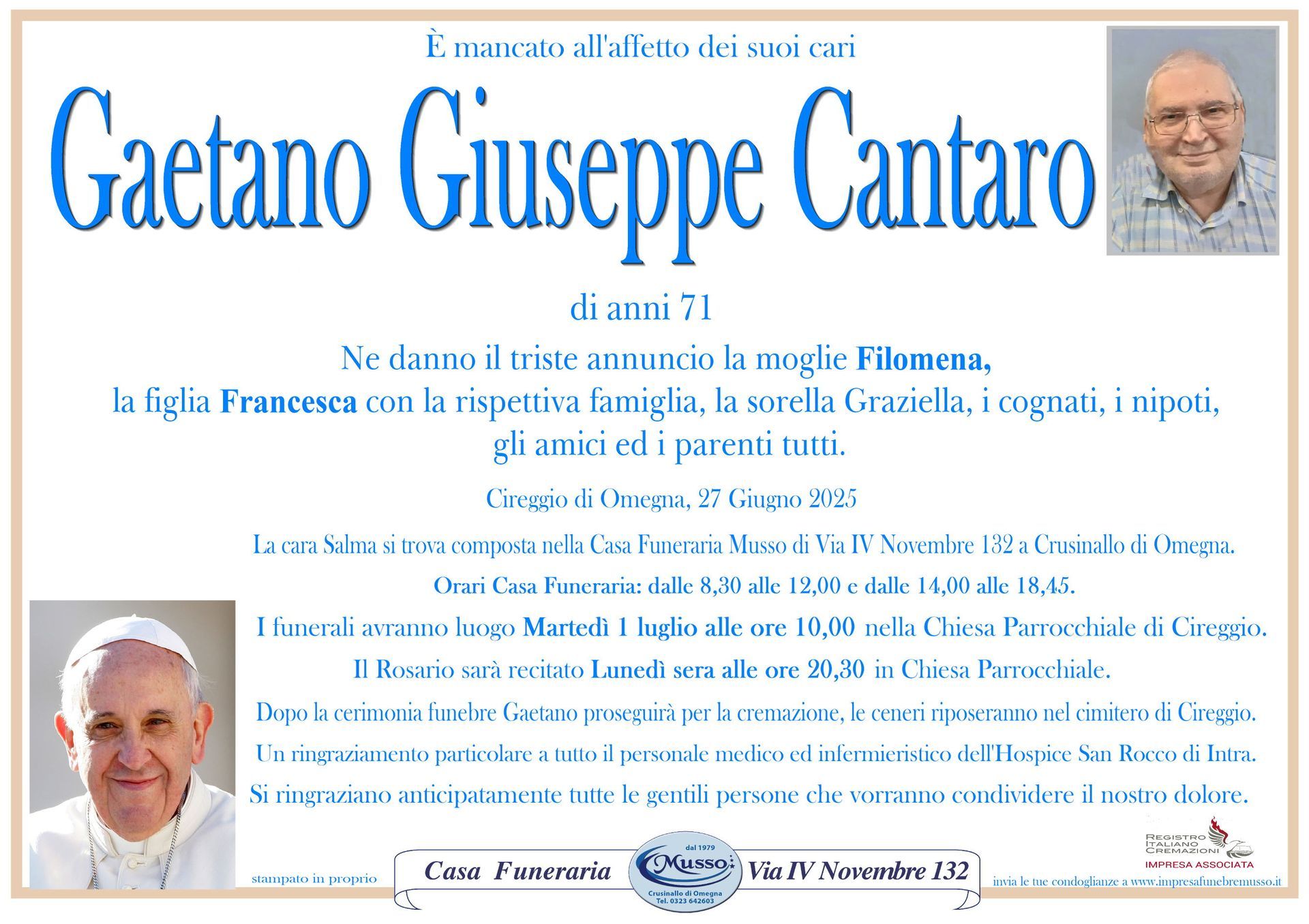 necrologio Cantaro Gaetano Giuseppe