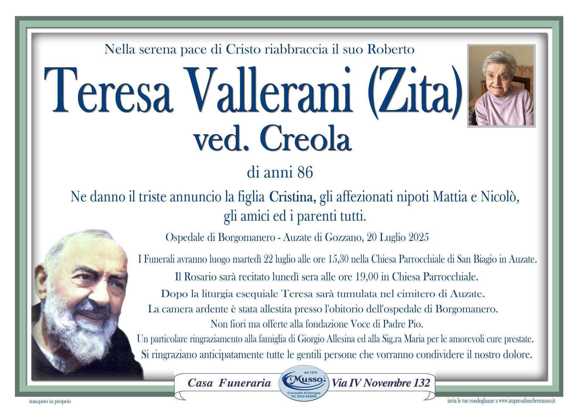 necrologio Teresa Vllerani (Zita) ved. Creola