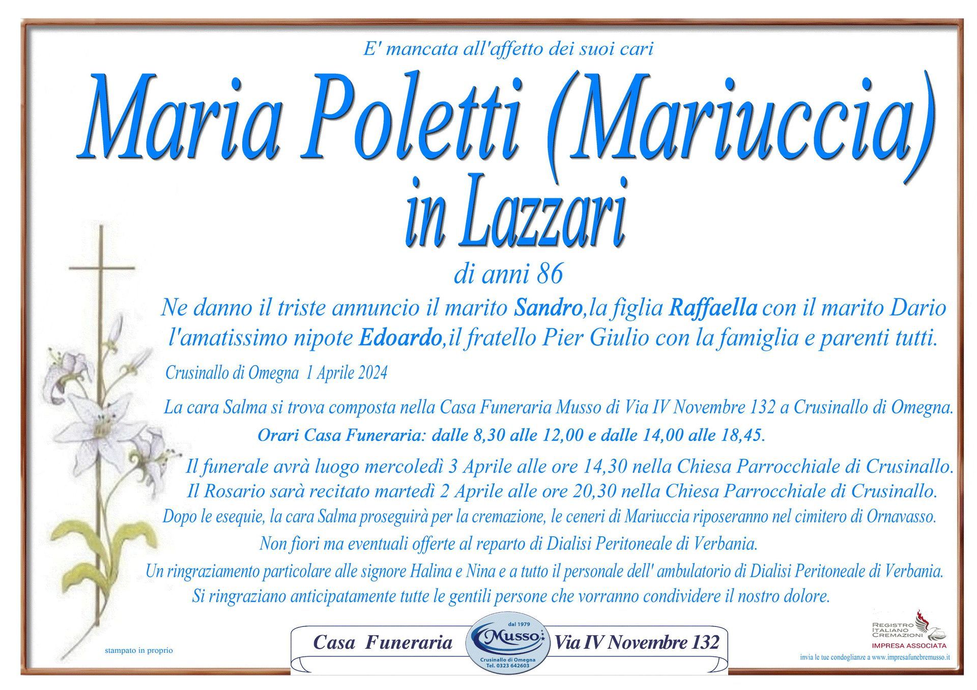 necrologio Maria Poletti (Mariuccia) in Lazzari
