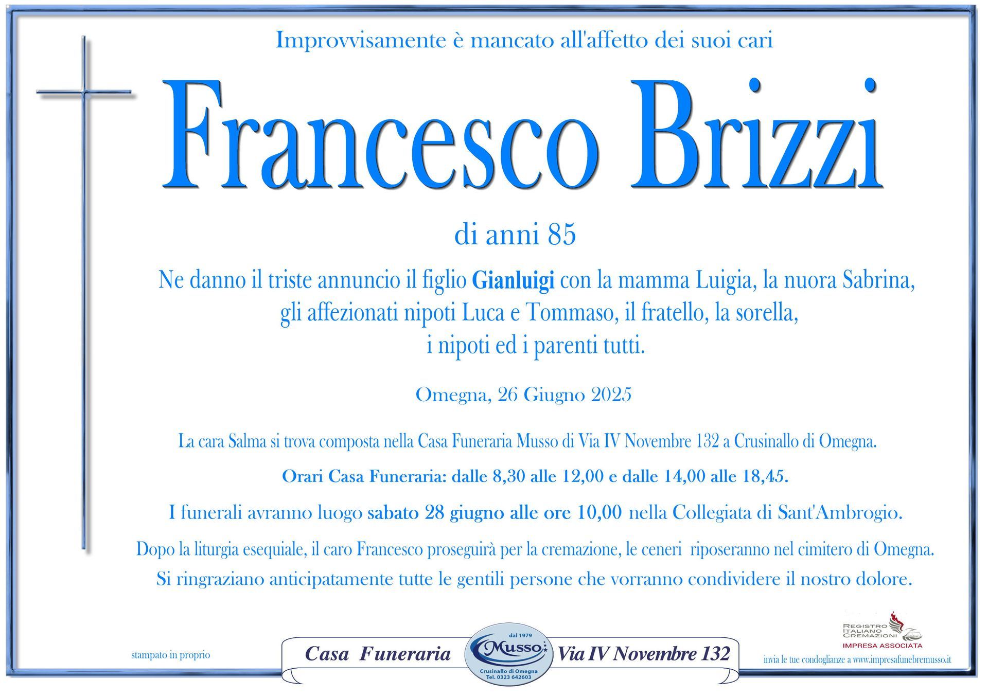 necrologio Brizzi Francesco
