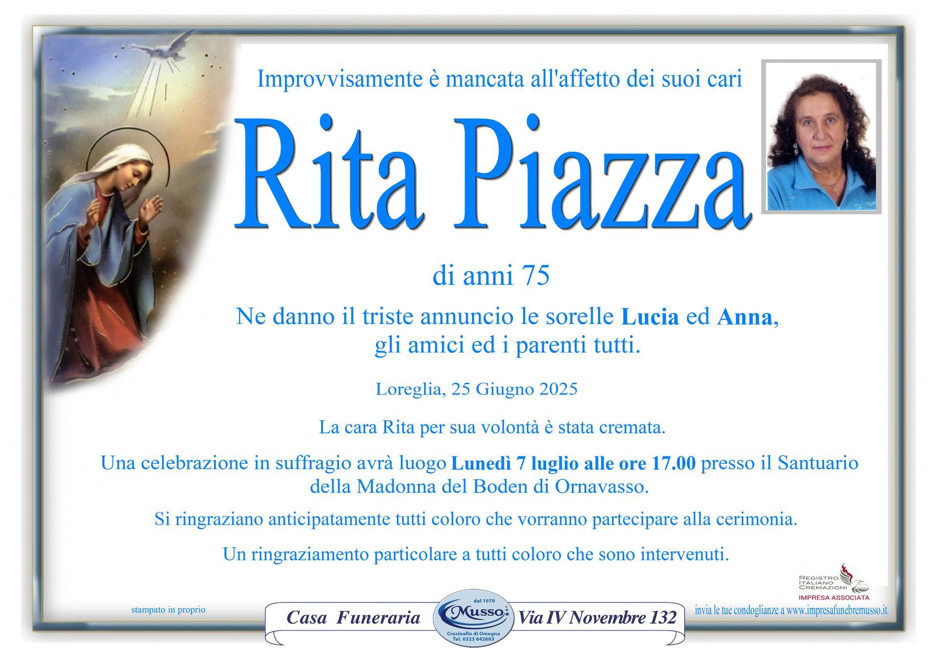 necrologio Rita Piazza