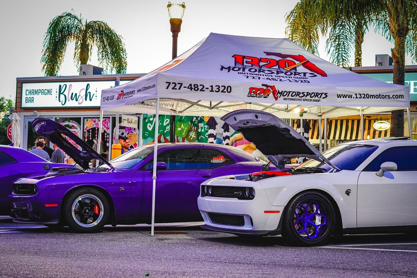 A purple and a white car are parked under a tent.
