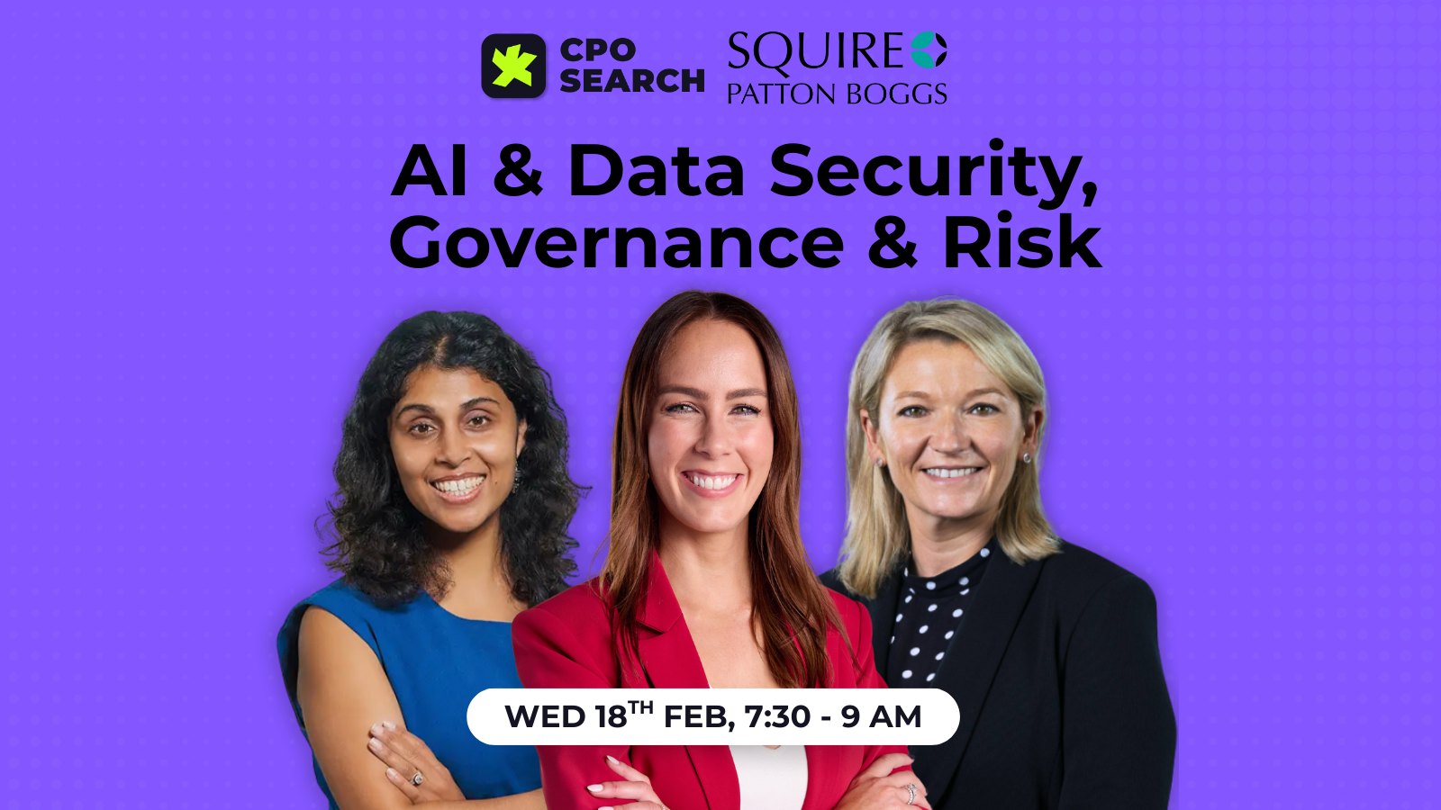 Panel discussion: AI & Data Security. Three women in front of a purple backdrop. Date & time displayed at the bottom.