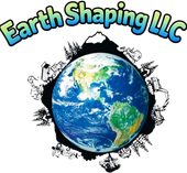 Logo for Earth Shaping LLC: Earth surrounded by construction equipment; mountain, trees, and blue/green text.