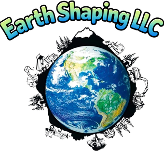 Logo for Earth Shaping LLC: Earth surrounded by construction equipment; mountain, trees, and blue/green text.