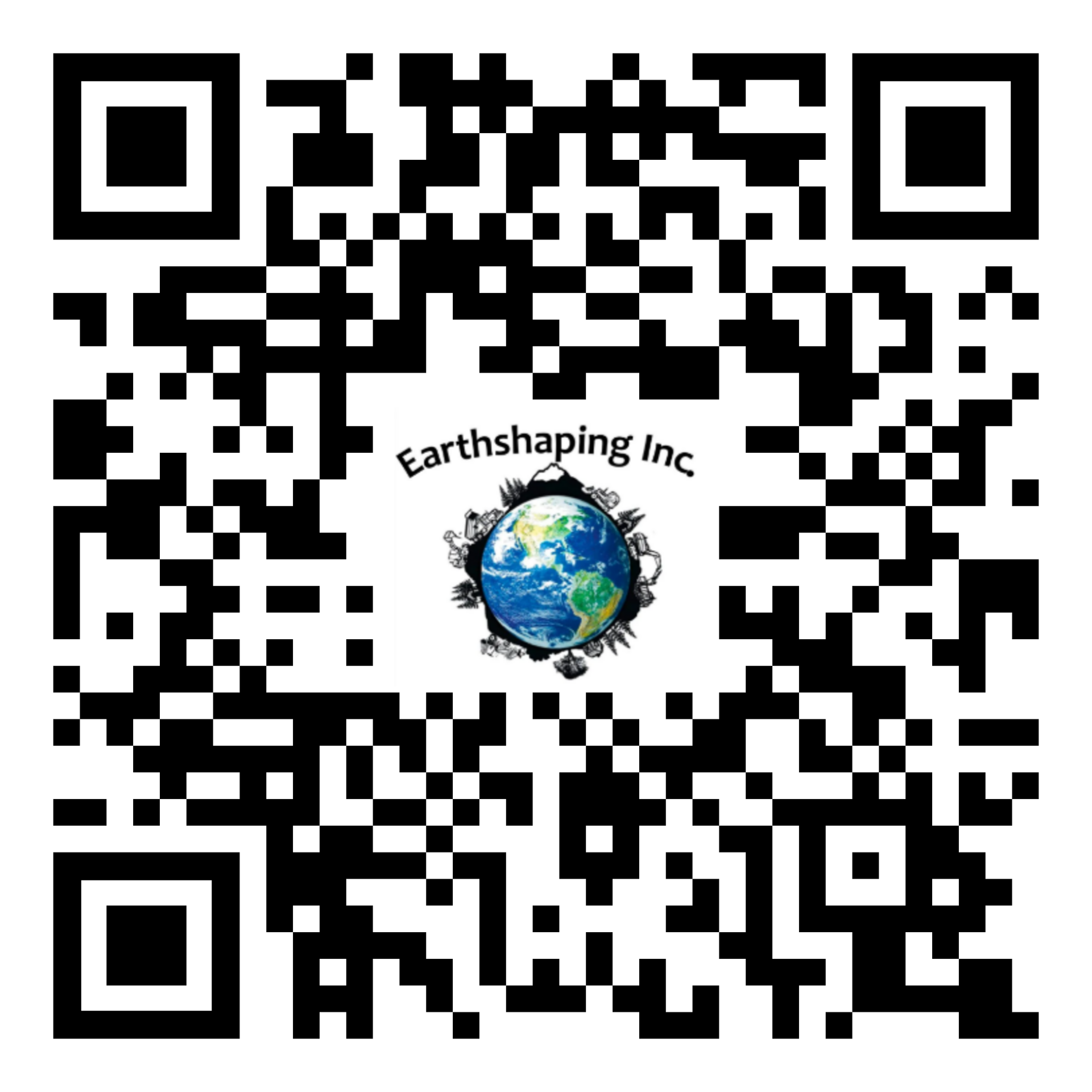 A QR code with a logo for Earthshaping Inc. featuring a small globe in the center.