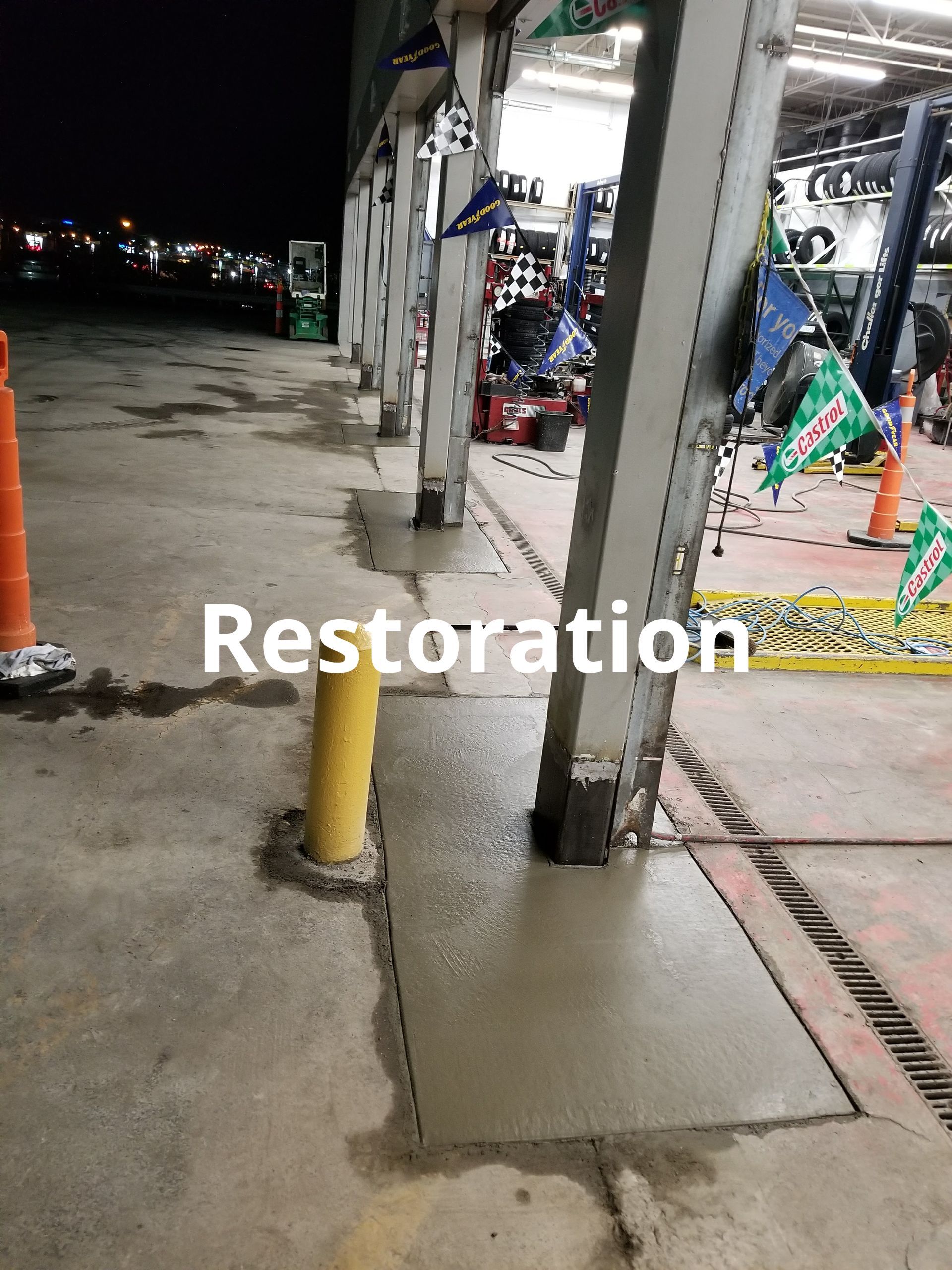 A picture of a building with the word restoration on it