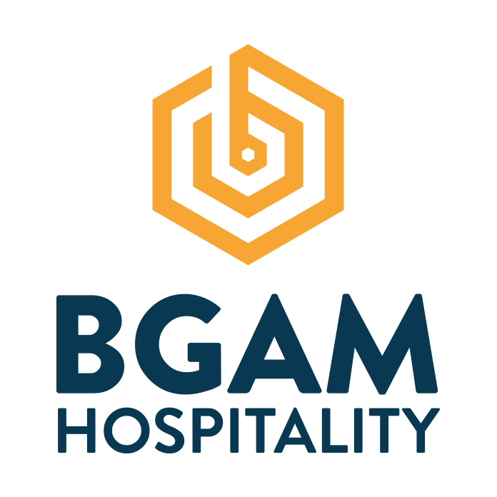 BGAM Hospitality logo: gold hexagon with a blue 