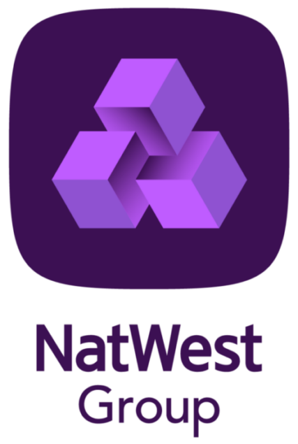 NatWest Group logo: three interlocking purple cubes on a purple rounded square, with 