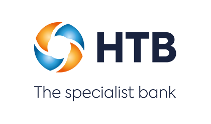 HTB specialist bank logo: orange and blue abstract shape beside dark blue 