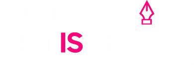 A white background with pink letters and a pen icon.
