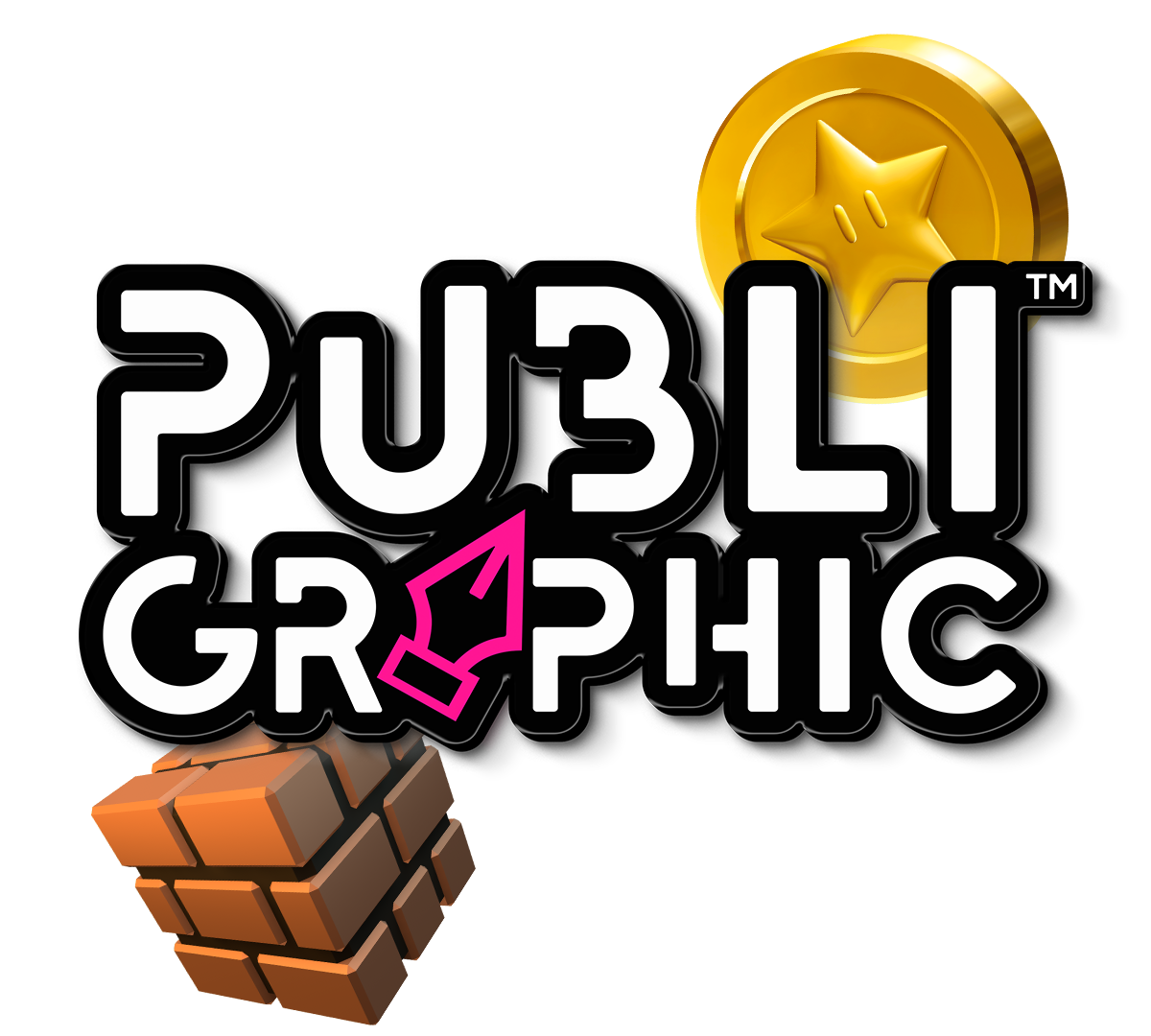 A logo for publi graphic with a brick and a gold coin