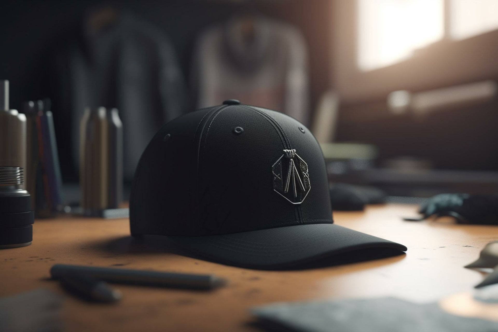 A black baseball cap is sitting on a wooden table.