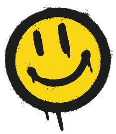 A yellow and black smiley face is spray painted on a white background