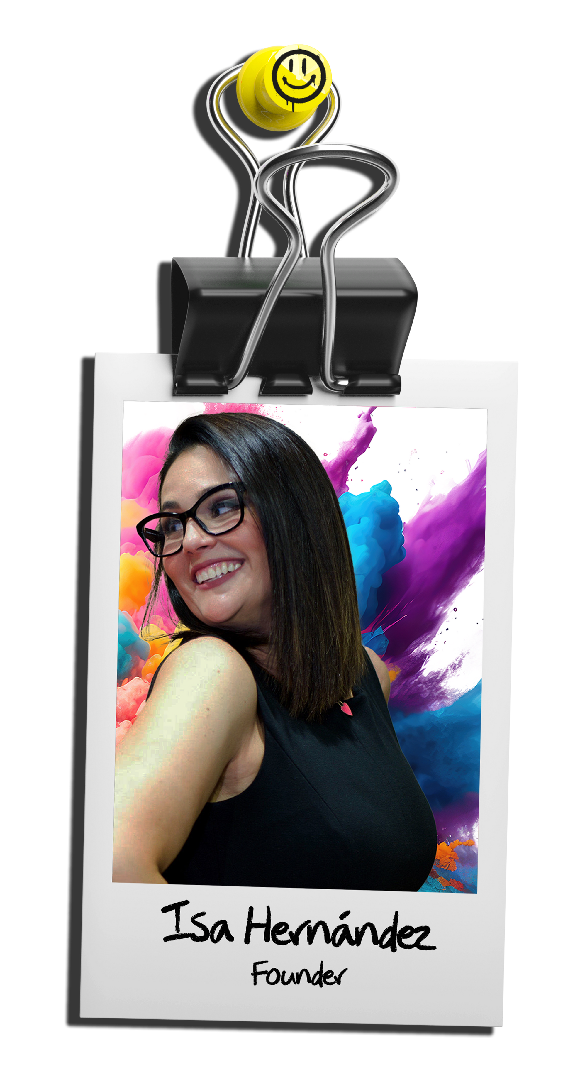 A picture of a woman with glasses and a smiley face on a paper clip.