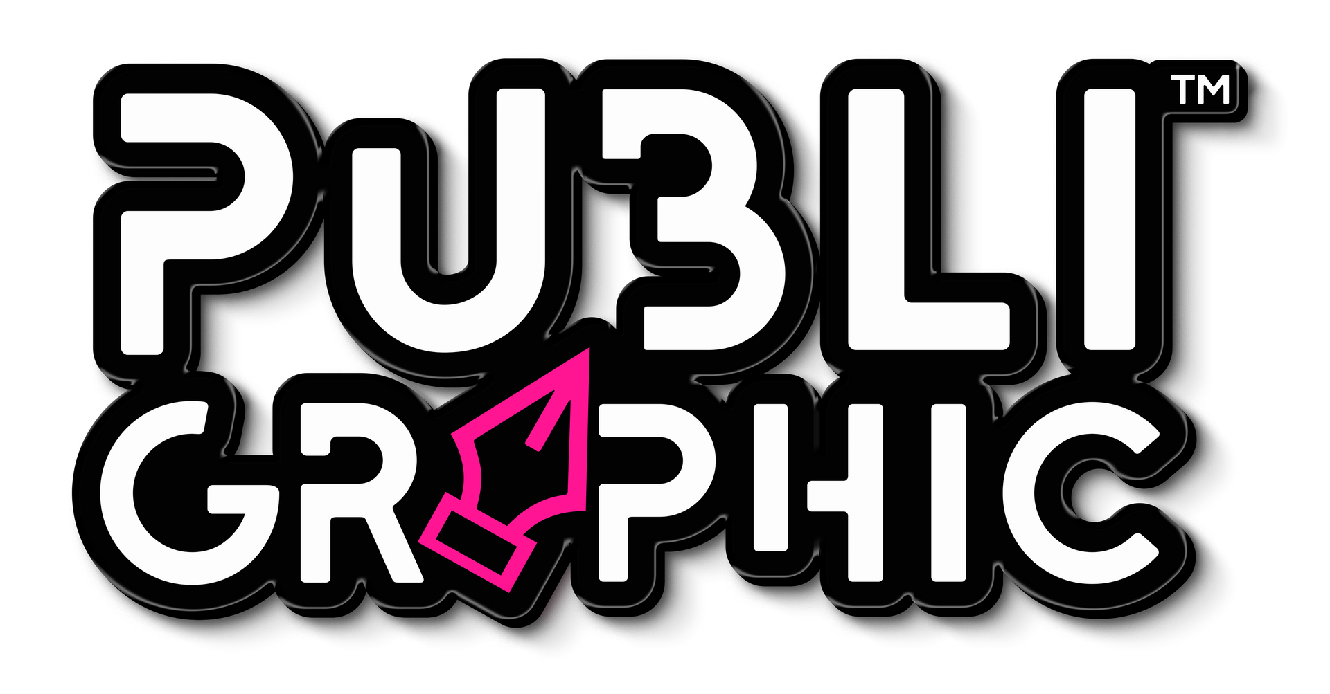 The logo for public graphic is black and white with a pink arrow.