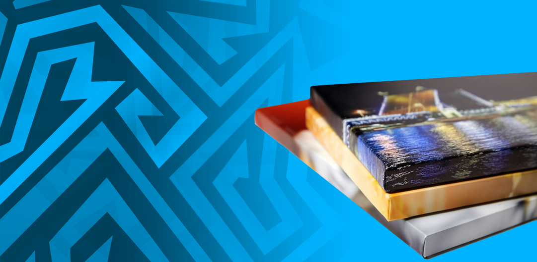 Three canvases are stacked on top of each other on a blue background.