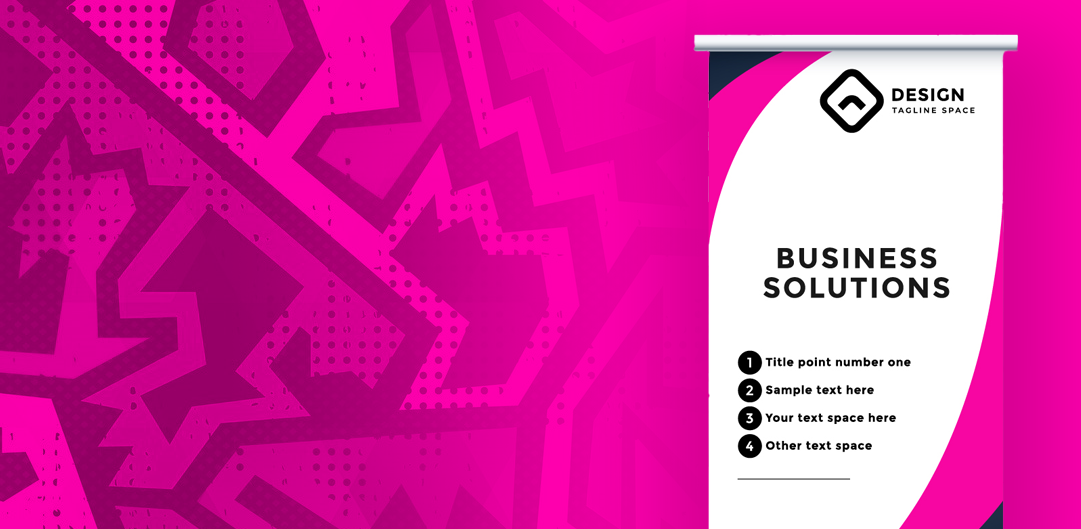 A pink and white business solutions banner on a pink background.