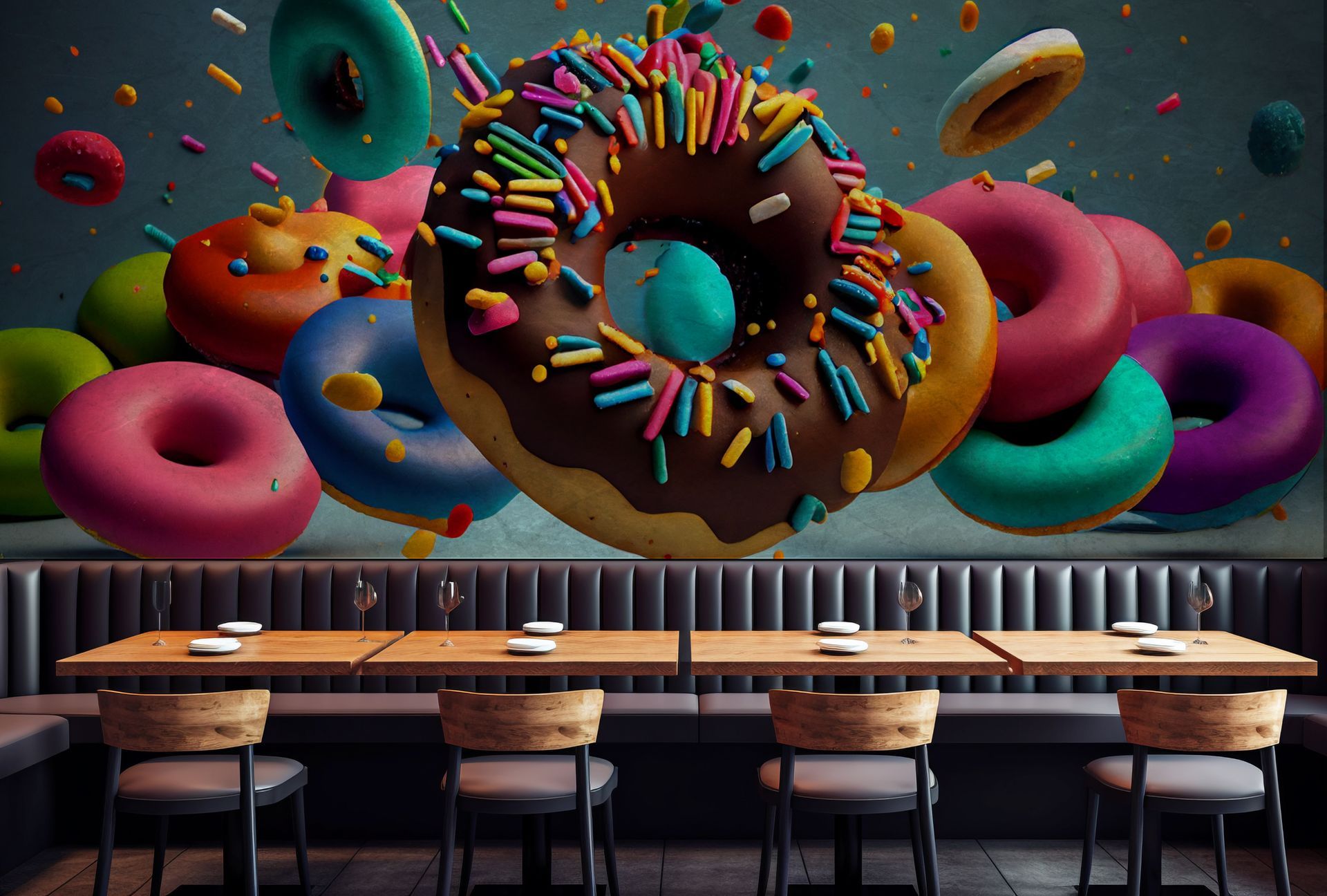 A restaurant with tables and chairs and a mural of donuts on the wall.