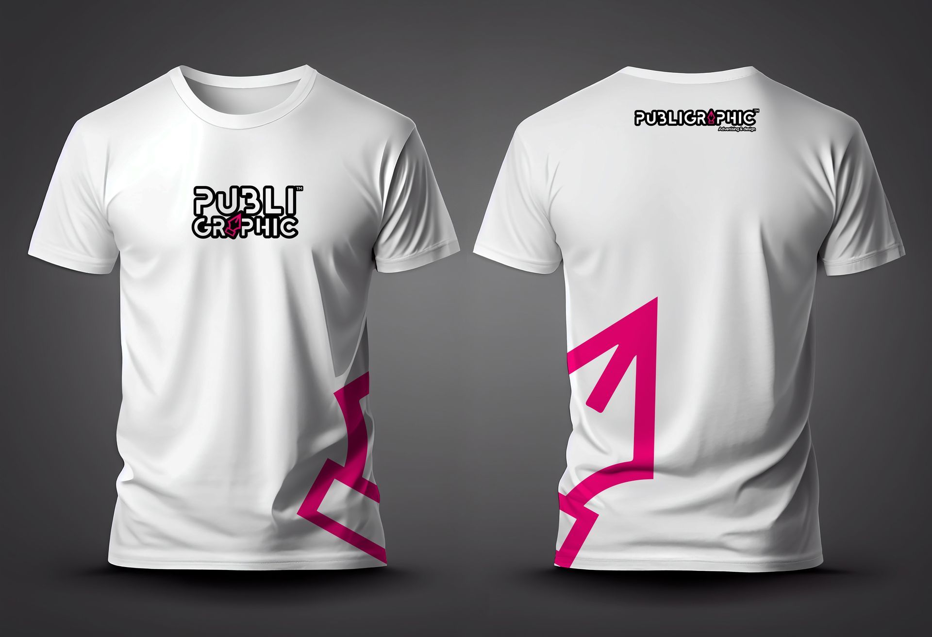 The front and back of a white t-shirt with a pink arrow on it.